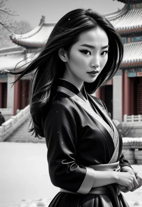 Ultra Realistic,  Mulan, elegant, adjusting hair, classy scottish scarf, flirty, walking on snowy streets in Forbidden city in China, B&W picture