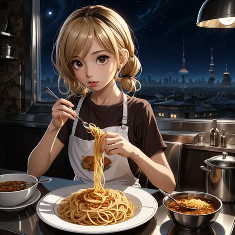 intricate high quality anime illustration of a girl eating spaghetti at night in the kitchen, blonde, cute