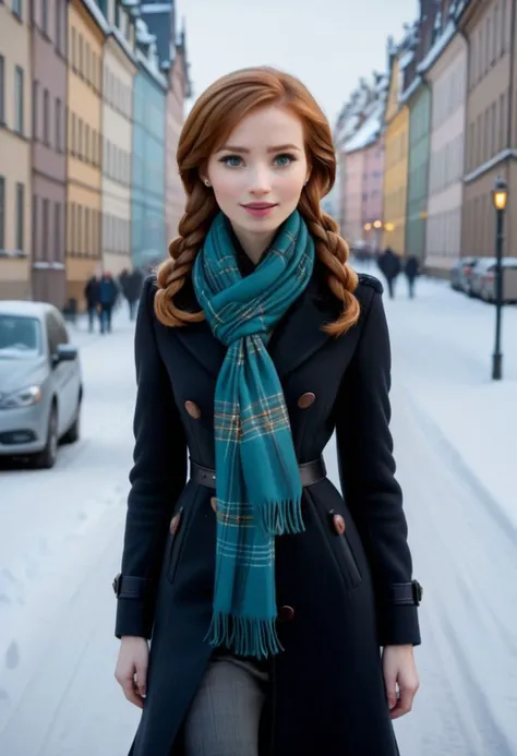 a woman in a coat and scarf standing on a snowy street