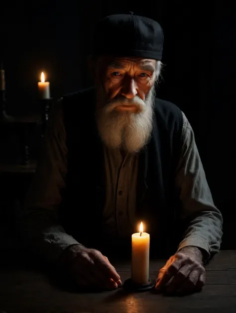 absolutely dark room, no source of light only a glowing candle standing on a table, an old man with a long gray beard and a dark cap, his face illuminated by the candle