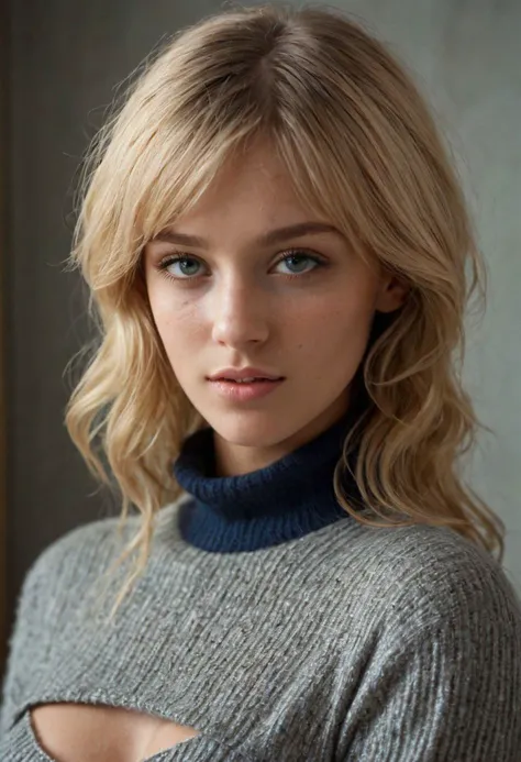 a woman with blonde hair and blue eyes wearing a grey sweater