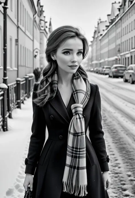 arafed woman in a coat and scarf walking down a snowy street