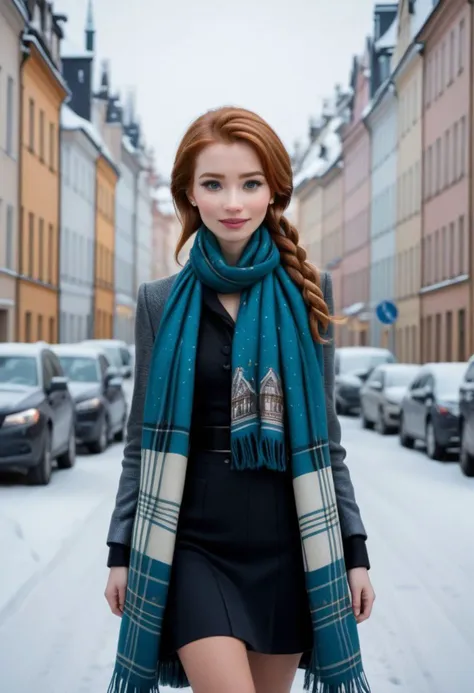 a woman in a black dress and a blue scarf is walking down a snowy street