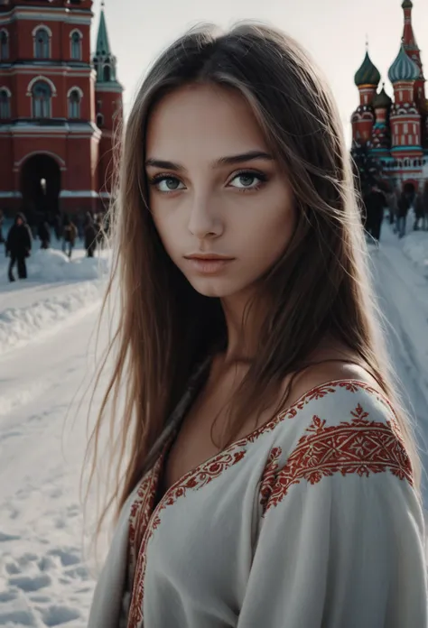 a woman in a white dress standing in the snow near a building