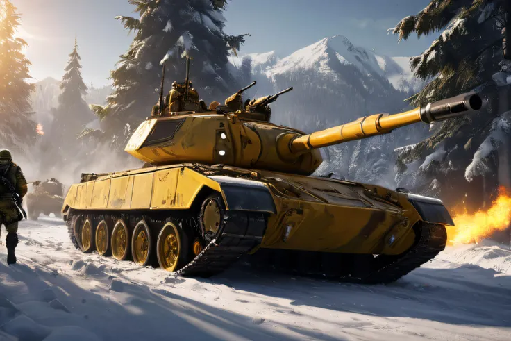 mistletoe mercenaries, red christmas tank, combat elves in yellow camouflage, Christmas combat operations, high tech weapons, missiles and machine guns, battle, fire and smoke,  high contrast, bright yellow highlights, deep shadows, (cinematic:1.4), dramat...