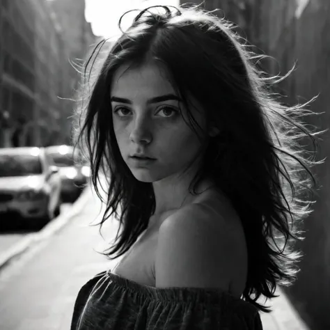 Black & white photography, portrait of a beautiful young brunette, disheveled shoulder length hair, natural light, urbanscape in the blackground, harsh shadows, large lens