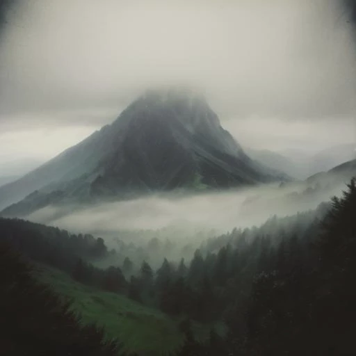 rainy and foggy mountains, lord of the ring style, polaroid