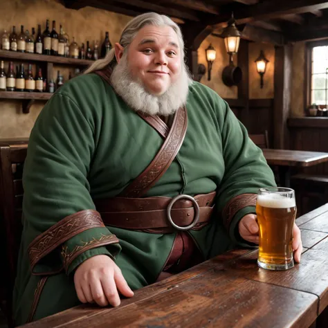 ultrares highly detailed photo of an obese elf wearing loose robes sitting in a tavern, holding a beer mug