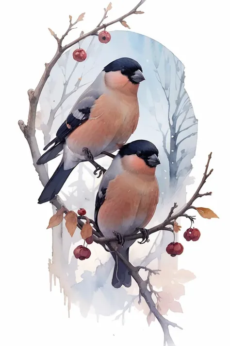 (masterpiece, best quality, official art, watercolor sketch),2 bullfinches on the branches in winter garden,1 male bullfinch,1 female bullfinch,<lora:iNaturalistBirds_v03:1>,chibi