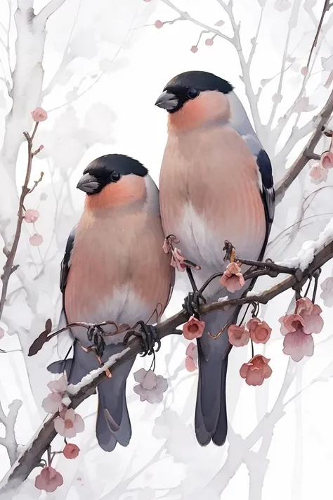 (masterpiece, best quality, official art, watercolor sketch),2 bullfinches on the branches in winter garden,1 male bullfinch,1 female bullfinch,<lora:iNaturalistBirds_v03:1>