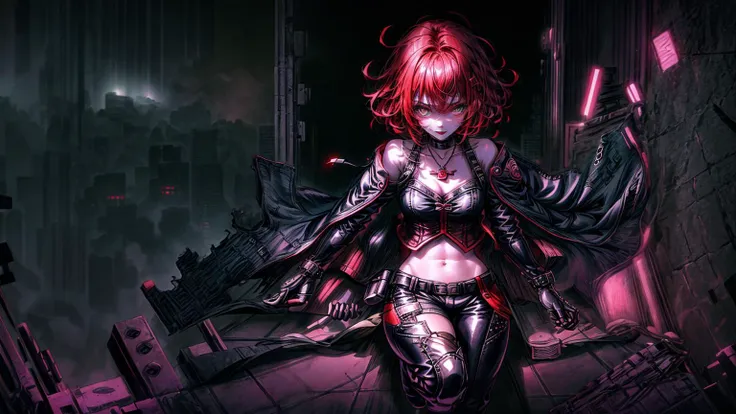 (best quality, masterpiece, colorful, highest detailed) 1girl,  <lora:BloodrayneV6:1> bloodrayne, necklace, black choker, bare shoulders, corset, elbow gloves, midriff, leather pants, knee boots <lora:more_details:1>, night, stary sky, on a destroyed city ...