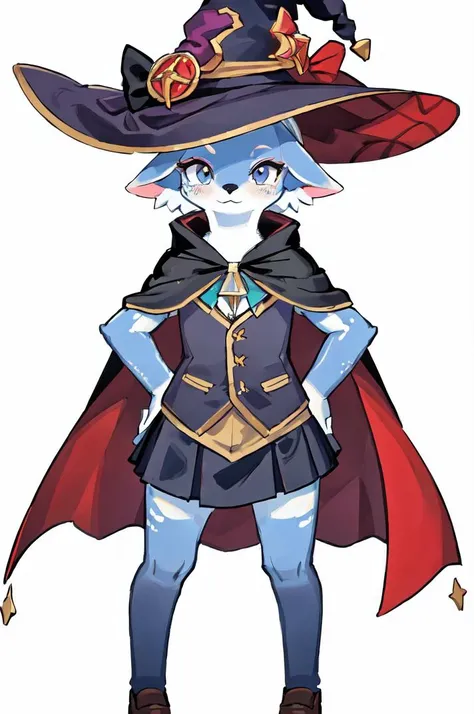 (masterpiece, best quality, hires), <lora:bdoPapu:0.7>, bdopapu, illustration, furry, front view, mmcosplay, <lora:mmcosplay:0.4>, eyelashes, top hat, witch hat, cape, short legs, solo, front view, skirt, white face, hands on hips,