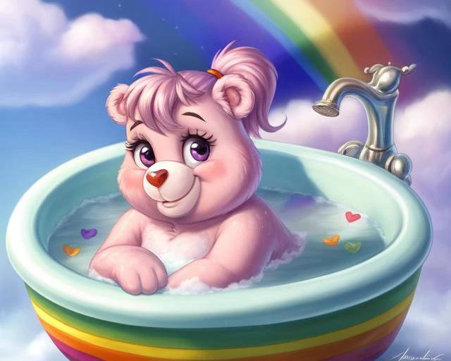 (cheerbear:1.2), care bears, (head tuft:1.2), (ponytail:1.2), (bathing:1.2), full body portrait, heart shaped nose, [belly], female, short legs, short arms, purple eyes with black pupils, eyelashes, heart soap, bubbles, suggestive, pretty, cute, adorable, ...