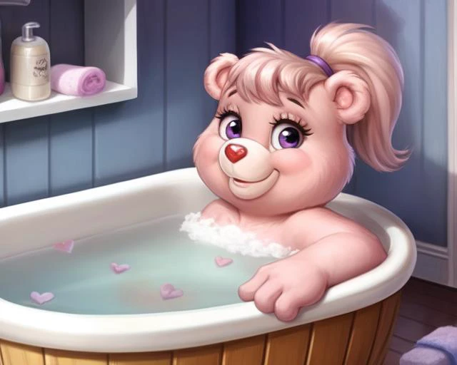 (cheerbear:1.2), care bears, (head tuft:1.2), (ponytail:1.2), (bathing:1.2), full body portrait, heart shaped nose, [belly], female, short legs, short arms, purple eyes with black pupils, eyelashes, heart soap, bubbles, suggestive, pretty, cute, adorable, ...