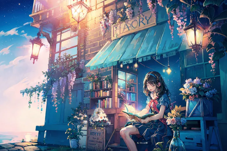 anime girl sitting on a bench reading a book in front of a book store