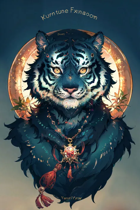 a tiger with a gold medallion and a chain around it