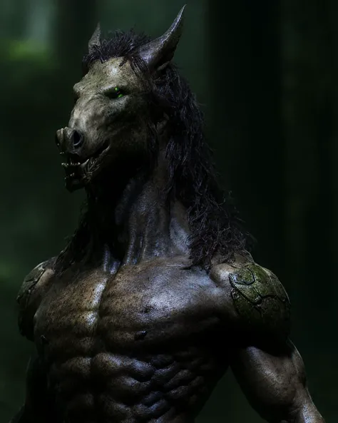 fking_scifi_v2, werecreature, werehorse, horse, large head, (green eyes), in a forest, 85mm