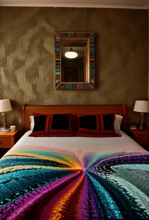 brightly colored blanket on a bed in a bedroom with a mirror above it