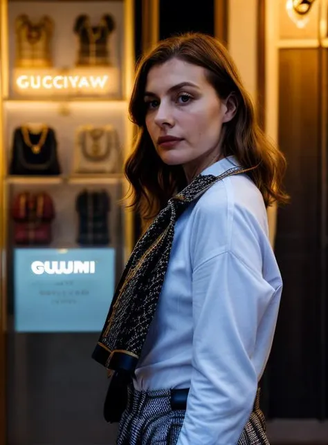 a woman in a white shirt and black and white skirt standing in front of a store