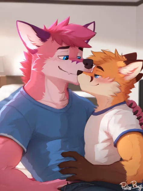 score_9, score_8_up, score_7_up, by pache-riggs, (high quality, hires), duo focus, anthro, male, fox, tshirt, (detailed eyes, blue eyes, pink body), seductive, bedroom eyes, passionate, couple, after kiss, panting, size difference, <lora:pache_riggs:0.8>