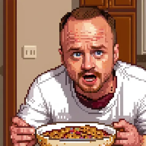 pixelart, chubby cereal rapist, aaron paul, stoner , ntr, stained white shirt, holes in shirt,balding, homeless, white background,  Caramel ,Burgundy skin <lora:pixel-art-xl-v1.1:1>