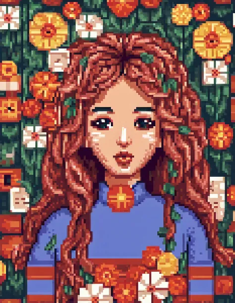 A pixel art image created by pixelbuildings128 depicts a whimsical illustration of a woman with long flowing hair made entirely from blooming flower petals. The womans face is characterized by large round eyes that are wide open and full of curiosity, and ...