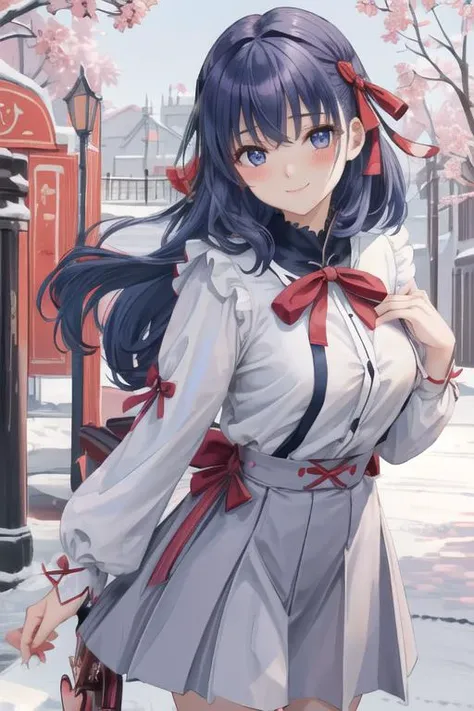 masterpiece, best quality, absurdres, perfect antomy, perfect girl hands, perfect fingers, matou sakura, 1girl, solo, long hair, exquisite detailed eyes,((blue navy color hair)),  bangs, (((side lock hair ribbon, red ribbon))), breasts, standing, cowboy sh...