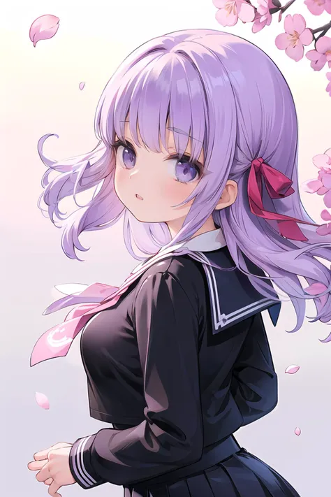 anime girl with purple hair and a pink bow in front of a cherry tree