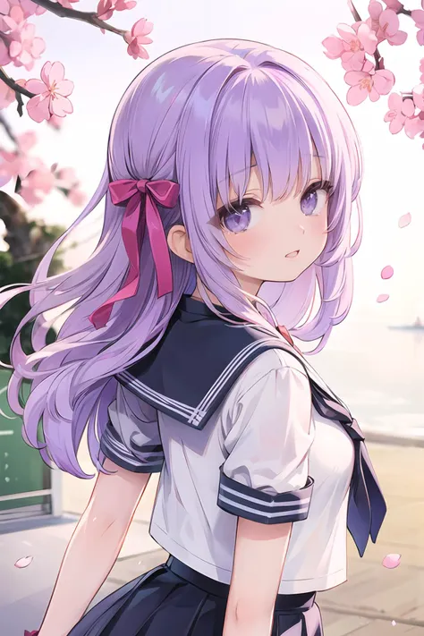 anime girl with long purple hair and a white shirt and blue skirt