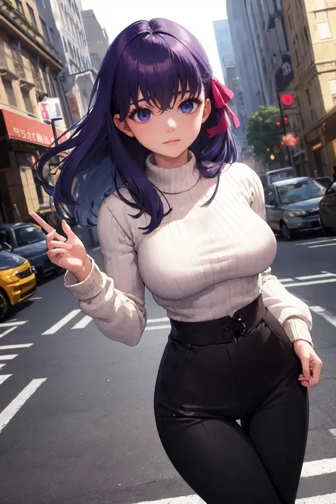 a woman with purple hair and blue eyes is walking down the street