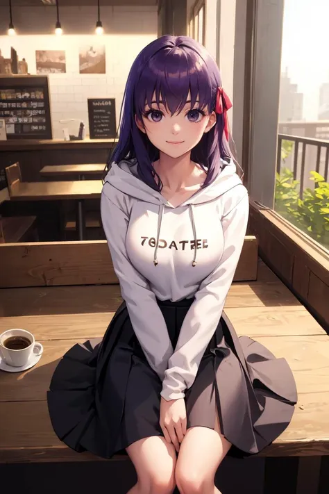 anime girl sitting on a bench with a cup of coffee