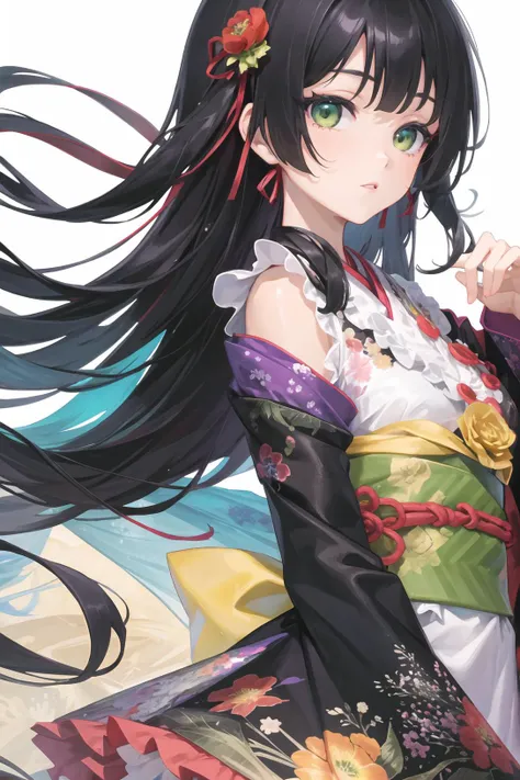 1girl, Renge, green eyes, (face close up), (hair tie), scrunchie, frilled ascot, print kimono, frilled thighhighs,((((upper body)))), looking at viewer, black hair, long hair, closed mouth,