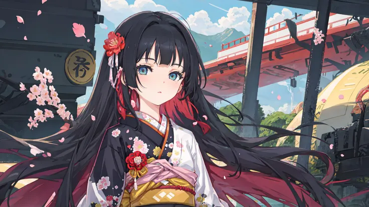 anime girl with long black hair and red hair in a kimono outfit