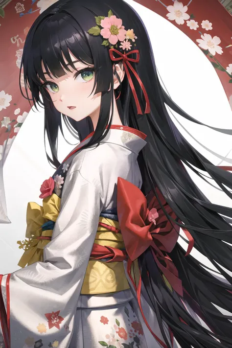 1girl, solo, japanese clothes, black hair, black kimono, kimono, long hair, green eyes,looking at viewer, bangs, sash, obi, hold...