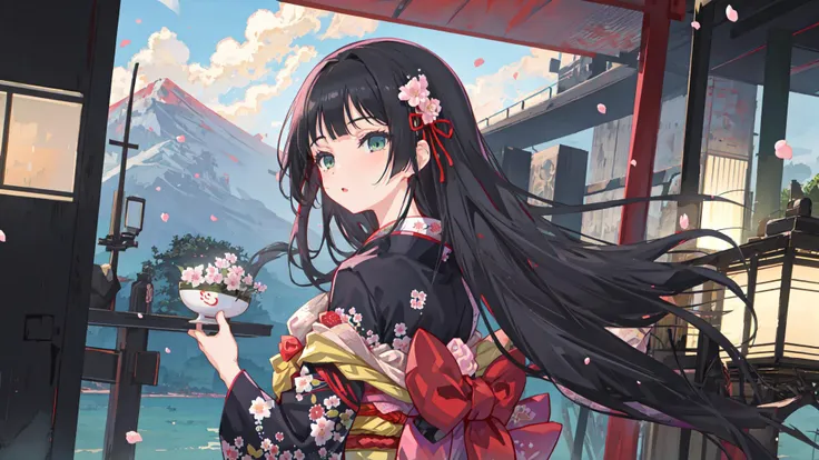 1girl,black hair, floating hair, seaside,scenery,landscape,cherry blossoms, falling petals, sunbeam,god rays,upper body,black kimono,,, <lora:BishojoMangekyoKotowariToMeikyuNoShojo_rengeV20:0.66>,RENGE,DRESS,KIMONO