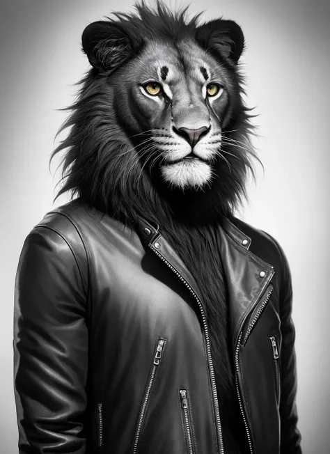 a black and white photo of a lion wearing a leather jacket