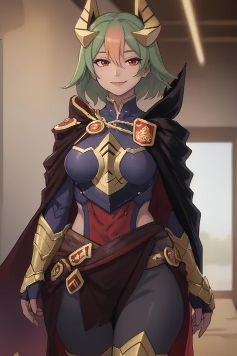 masterpiece, best quality, laegjarn fe, armor, breastplate, shoulder armor, cape, feather trim, pelvic curtain, leggings, cowboy shot, (looking at viewer), smile <lora:laegjarn:0.9>