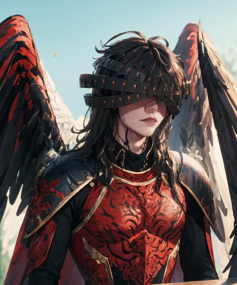 a close up of a woman in a red and black outfit with wings