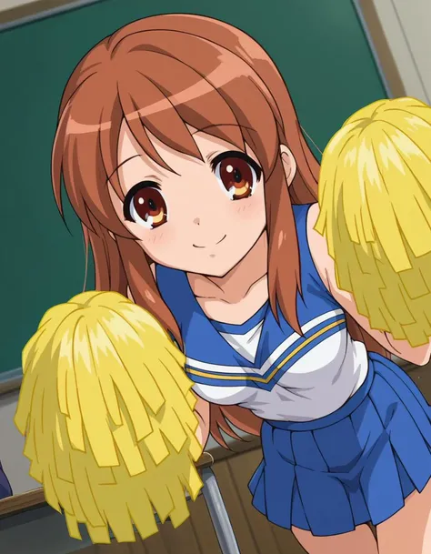 anime girl in uniform holding two pom poms in front of a blackboard