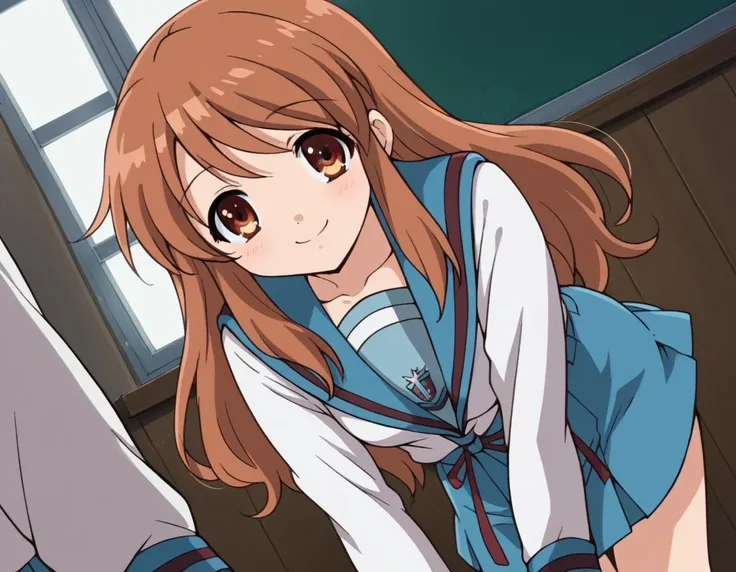 anime image of a woman in a school uniform bending over