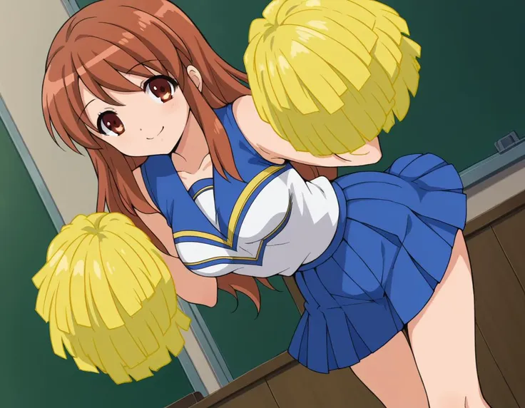 anime image of a girl in a cheerleader uniform holding a pom pom