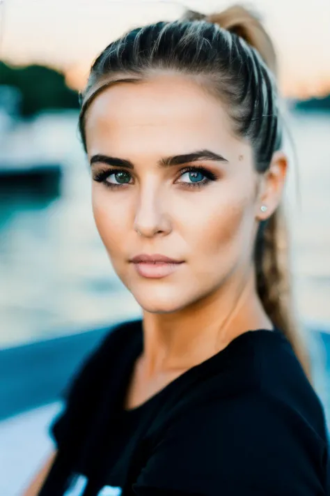 RAW, real photo portrait, zdh, on a boat, (wearing a wet black t-shirt), pretty face, insanely detailed eyes, light blonde hair, high ponytail, bokeh, natural light, depth of field, golden hour, sharp focus, <lyco:ZoeyDeutch-RealVision-V1.0:1.0>