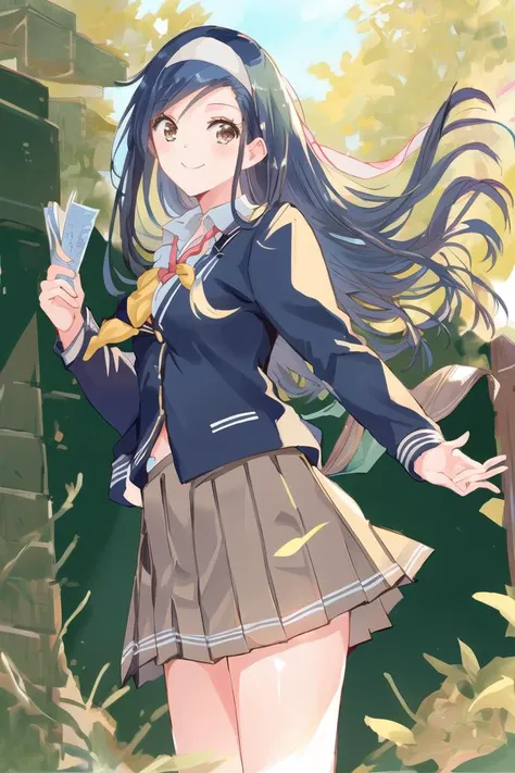 a woman in a school uniform holding a knife and a cell phone