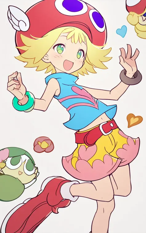 <lora:sdxl-py-amitie:1> 1girl amitie, cute, green eyes, blonde hair, short hair, bracelet, jewelry, hat, skyblue shirt sleeveless, red belt, red shoes, yellow shorts, pink heart,Delighted, masterpiece