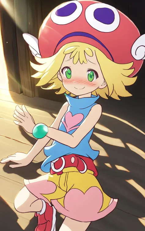 <lora:sdxl-py-amitie:1> 1girl amitie, cute, green eyes, blonde hair, short hair, bracelet, jewelry, hat, skyblue shirt sleeveless, red belt, red shoes, yellow shorts, pink heart,embarrassed nose blush smile, extremely quality extremely detailed, illustrati...