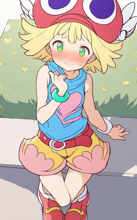 <lora:sdxl-py-amitie:1> 1girl amitie, cute, green eyes, blonde hair, short hair, bracelet, jewelry, hat, skyblue shirt sleeveless, red belt, red shoes, yellow shorts, pink heart,Blushing, masterpiece