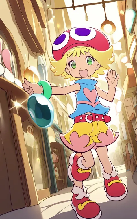 <lora:sdxl-py-amitie:1> 1girl amitie, cute, green eyes, blonde hair, short hair, bracelet, jewelry, hat, skyblue shirt sleeveless, red belt, red shoes, yellow shorts, pink heart,Gleeful, extremely quality extremely detailed, illustration, cute anime face c...