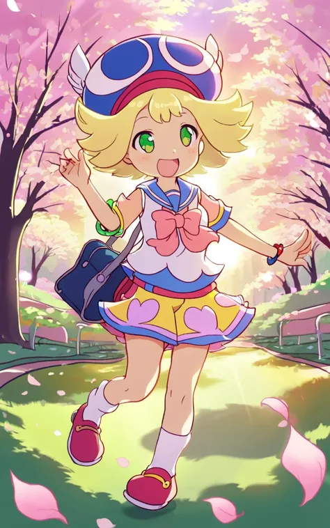 <lora:sdxl-py-amitie:0.7> 1girl amitie, cute, green eyes, blonde hair, short hair, bracelet, jewelry, hat,Chuckling, hip focus, Establishing Shot, looking away, warm light sunset, rays light sparkles lens flare deep shadows, depth of field peerless scenery...