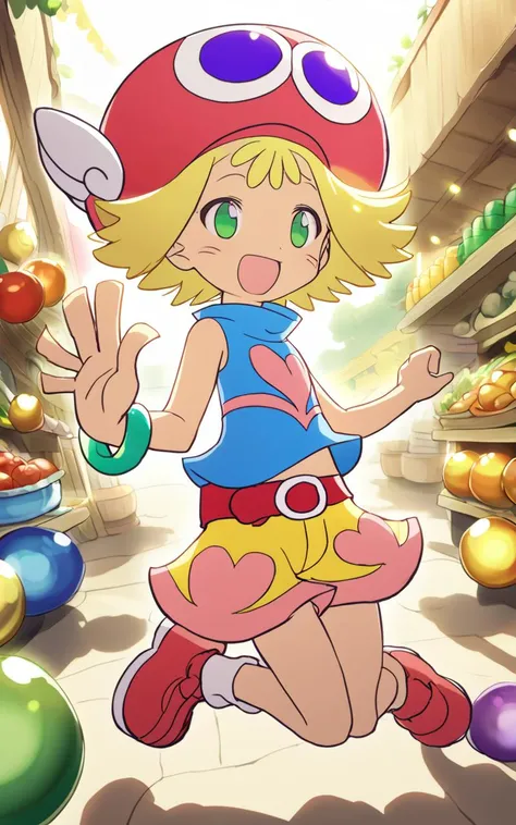 <lora:sdxl-py-amitie:1> 1girl amitie, cute, green eyes, blonde hair, short hair, bracelet, jewelry, hat, skyblue shirt sleeveless, red belt, red shoes, yellow shorts, pink heart,Rejoicing, extremely quality extremely detailed, illustration, cute anime face...