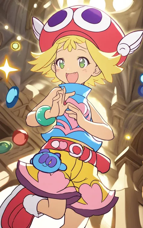 <lora:sdxl-py-amitie:1> 1girl amitie, cute, green eyes, blonde hair, short hair, bracelet, jewelry, hat, skyblue shirt sleeveless, red belt, red shoes, yellow shorts, pink heart,Giggling, extremely quality extremely detailed, illustration, cute anime face ...